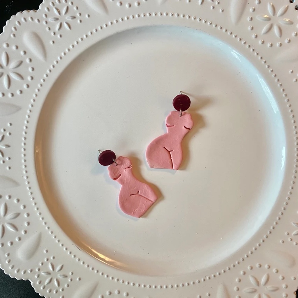 Handmade Clay Earrings | Forms of a Woman Silhouette | Pink and Purple